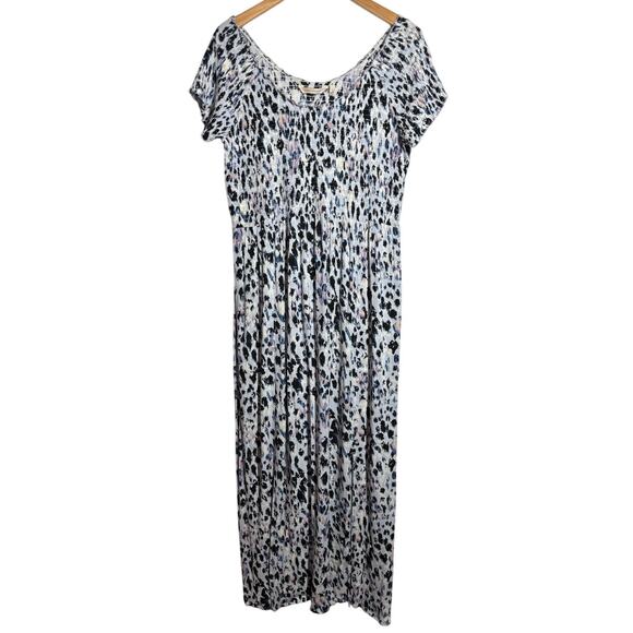 Soft Surroundings Women L Blue Leopard Smocked Side Slit Maxi Dress Guazy - Picture 1 of 8